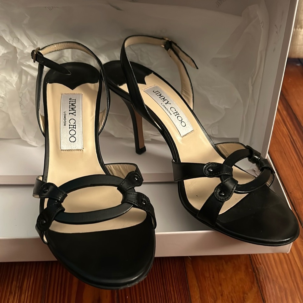 JIMMY CHOO LONDON BLACK LEATHER ANKLE-STRAP HEELS SANDALS SILVER SLIDES size 38